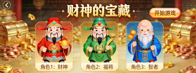 财神的宝藏游戏角色选择界面截图，展示三位初始角色形象