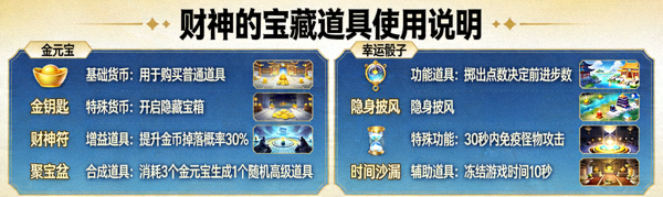 财神的宝藏游戏内特殊功能界面截图，展示各种增强效果