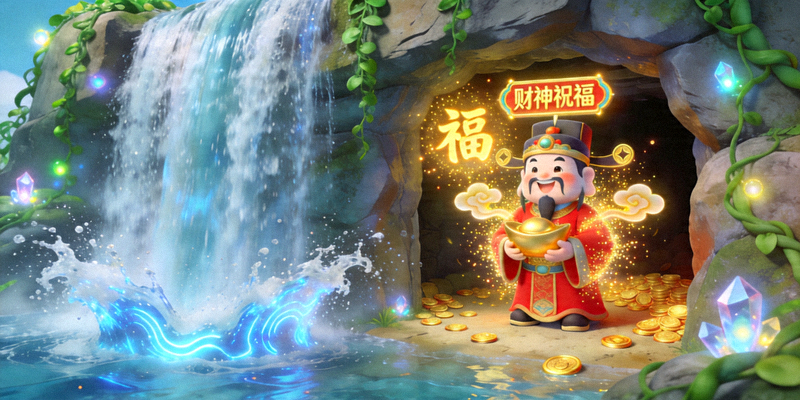 财神的宝藏电子游戏第一关瀑布隐藏区域截图，展示财神祝福状态