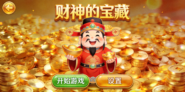 财神的宝藏电子游戏主界面截图，展示财神角色和金币背景