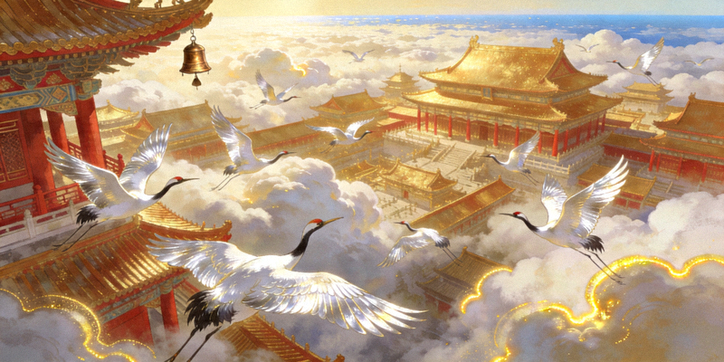 财神的宝藏第四关云端天街，仙鹤飞舞，宫殿漂浮在云海之上