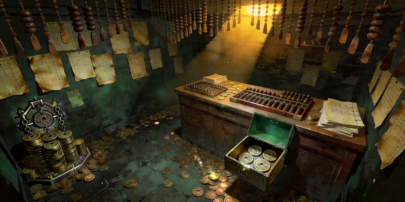 财神的宝藏第三关古钱庄密室内部，布满算盘、账本和铜钱机关