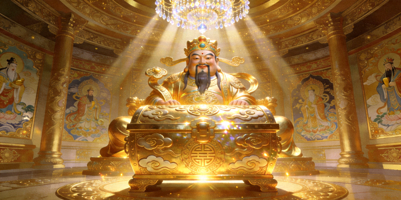 财神的宝藏最终关财神宫殿，金光璀璨，中央有巨大的财神像和宝箱