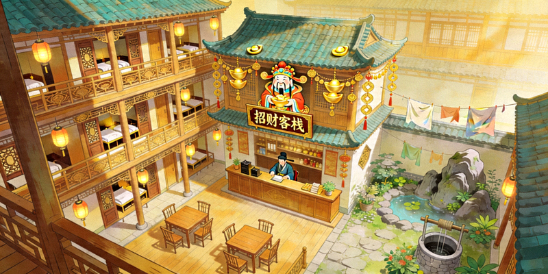 财神的宝藏第一关招财客栈全景图，包含客栈大堂、后院和客房区域