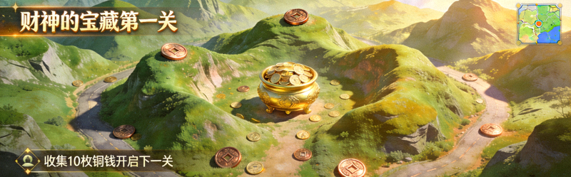 财神的宝藏第一关聚宝盆山谷游戏截图，展示山谷地形与铜钱位置