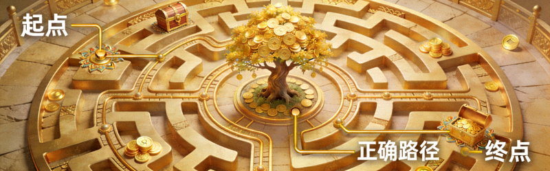 财神的宝藏第二关摇钱树迷宫俯视布局图，标注正确路径
