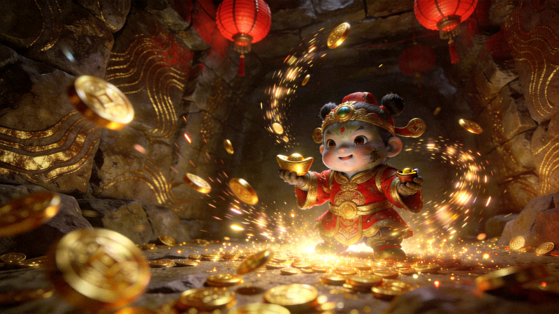 财神的宝藏副本内部场景，显示招财童子怪物和金币掉落特效