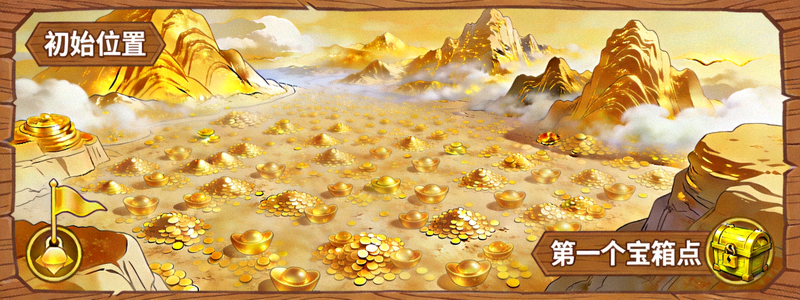 财神的宝藏第一关金元宝山谷全景地图，标注了初始位置与第一个宝箱点