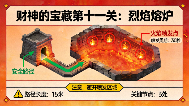 财神的宝藏第十一关烈焰熔炉的安全路径与火焰喷发点示意图