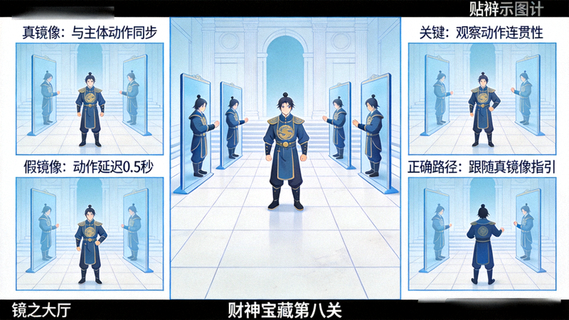 财神的宝藏第八关镜之大厅中识别真假镜像的示意图