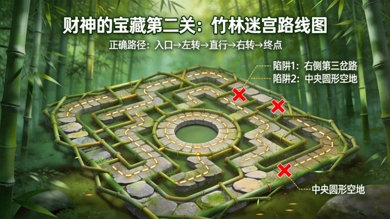 财神的宝藏第二关竹林迷宫的完整路线图，标注了正确路径和陷阱位置