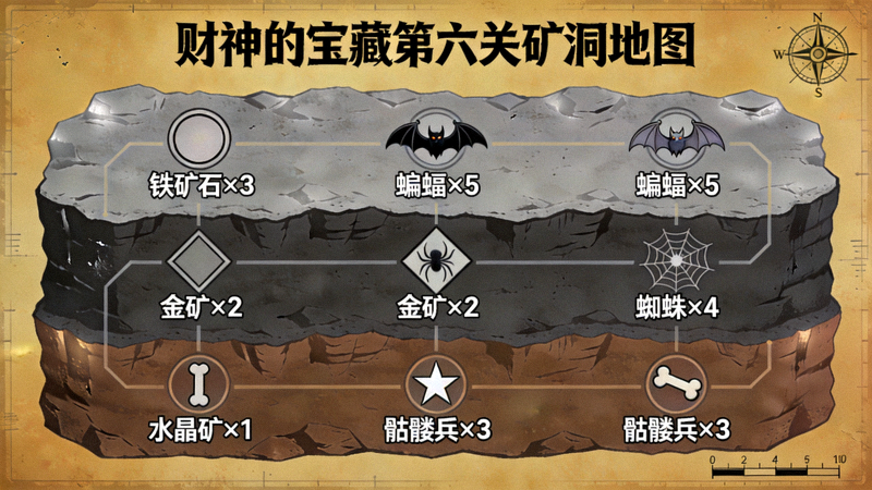 财神的宝藏第六关矿洞的层次结构地图，标注了矿石位置和敌人分布