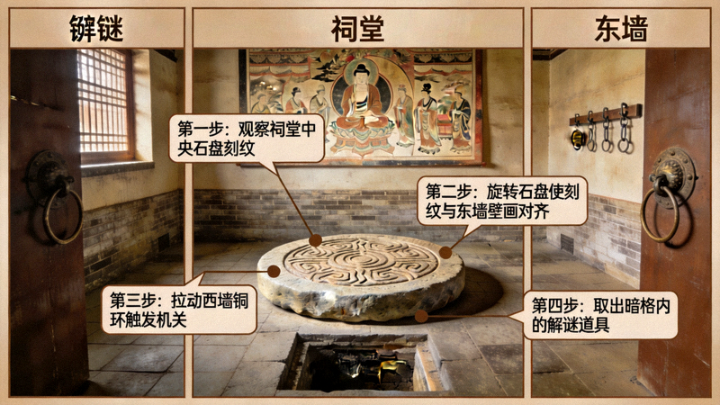 财神的宝藏第四关古老祠堂内的机关谜题解法示意图